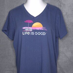Life Is Good Womens XL Crusher Tee V-Neck Beach Sunset Graphic Short Sleeve